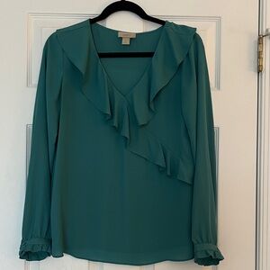 LOFT Teal Ruffle V-Neck Blouse